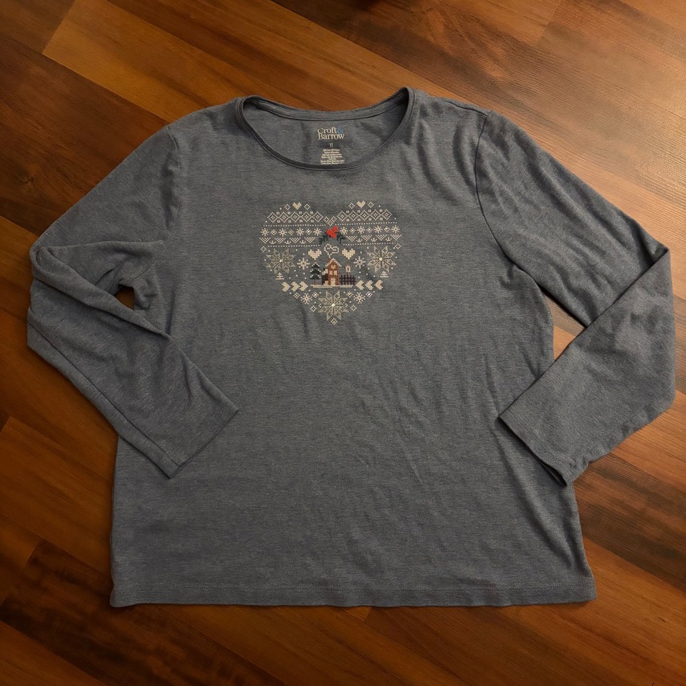 Croft & Barrow Womens Long Sleeve‎ T Shirt Heart Nordic Fair Isle Print Blue XL